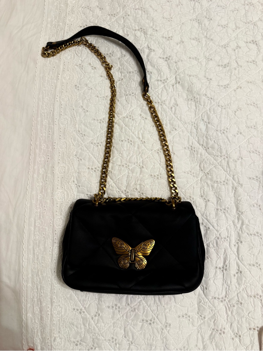 Steve Madden Black Quilted Crossbody with Gold Butterfly Accent